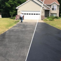 BioBlacktop before and after image of deco products on asphalt driveway