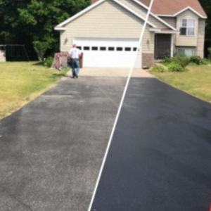BioBlacktop before and after image of deco products on asphalt driveway