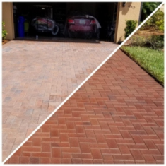 Red ColorCast before and after image of deco products on brick driveway